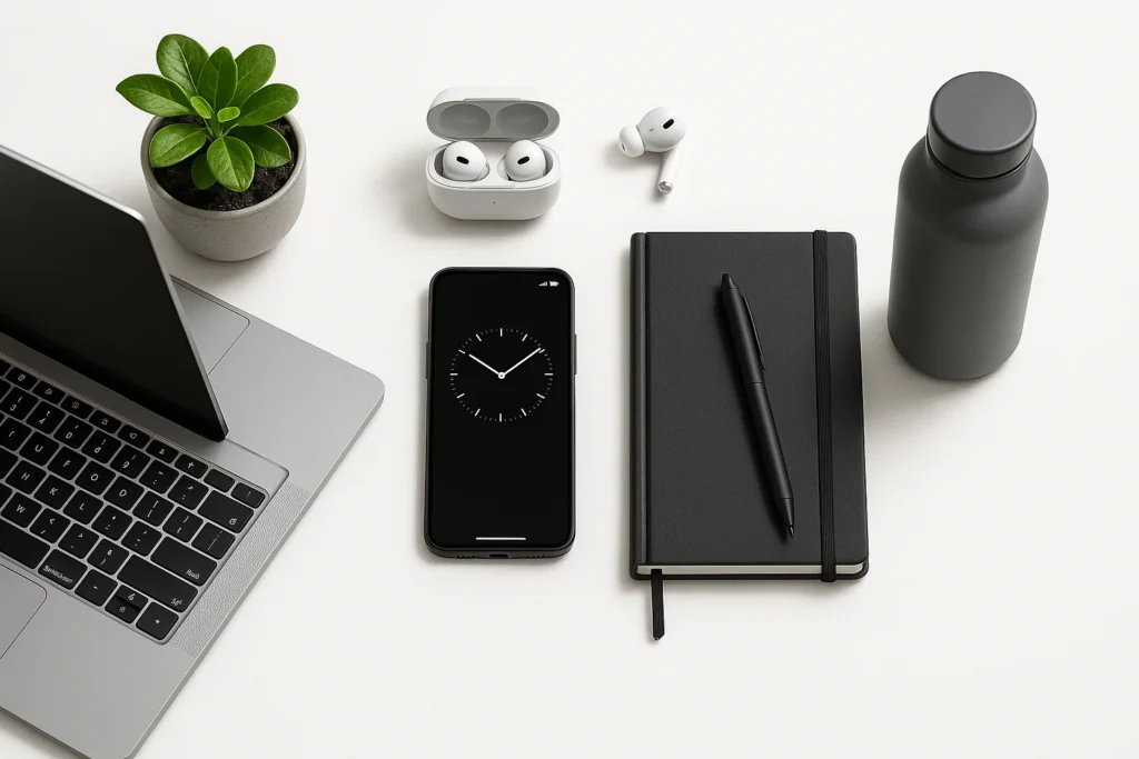 Modern minimalist desk setup featuring smart gadgets like wireless earbuds, smartphone, and laptop, symbolizing lifestyle tech trends for 2025.