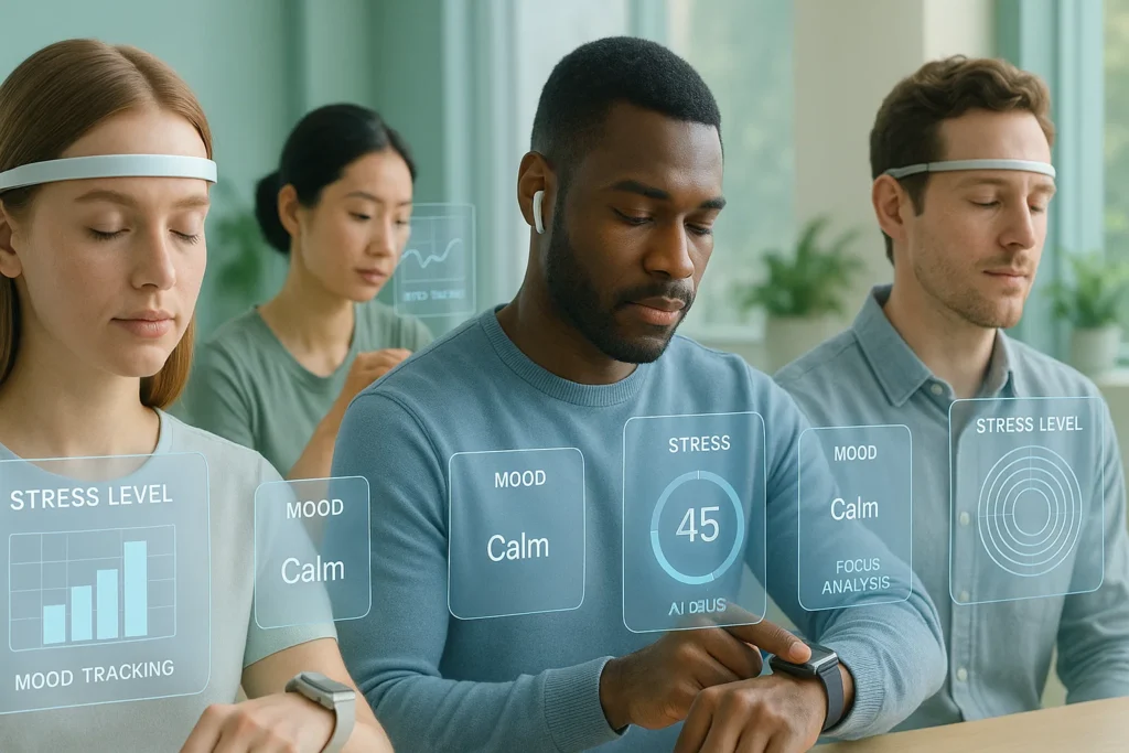 People using smart wearables like AI headbands, smartwatches, and earbuds in 2025 to monitor mental health, with holographic displays showing stress levels, mood tracking, and focus analysis.