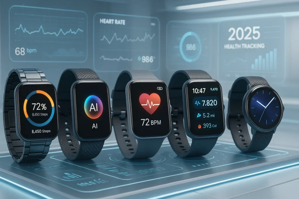 Five AI-powered smartwatches displayed in a futuristic 2025 setting, showcasing health tracking, fitness monitoring, and AI assistant features with holographic data.