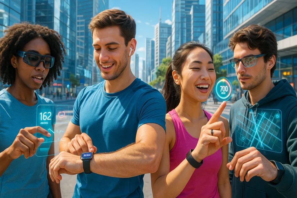 Young adults using futuristic wearable technology devices like smartwatches, AR glasses, and smart rings in a vibrant 2025 cityscape.