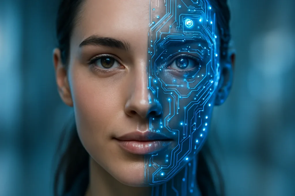 A futuristic portrait showing a woman with half-human, half-digital face, symbolizing the integration of AI into everyday life in 2025.