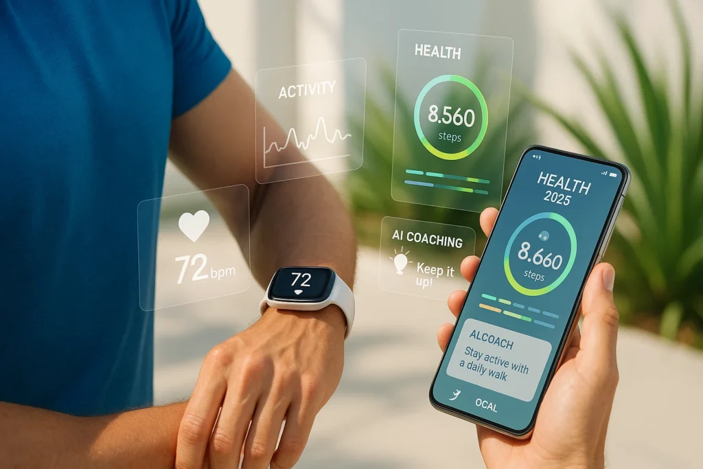 Person using AI-powered health apps on a smartwatch and smartphone in 2025, displaying heart rate, steps, and AI coaching tips.