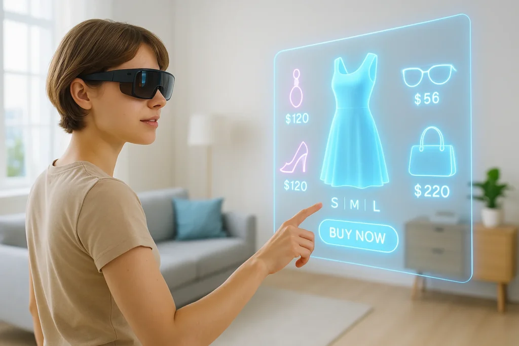Woman using AR glasses to shop through a futuristic holographic interface displaying clothing and accessories, representing the future of shopping in 2025.