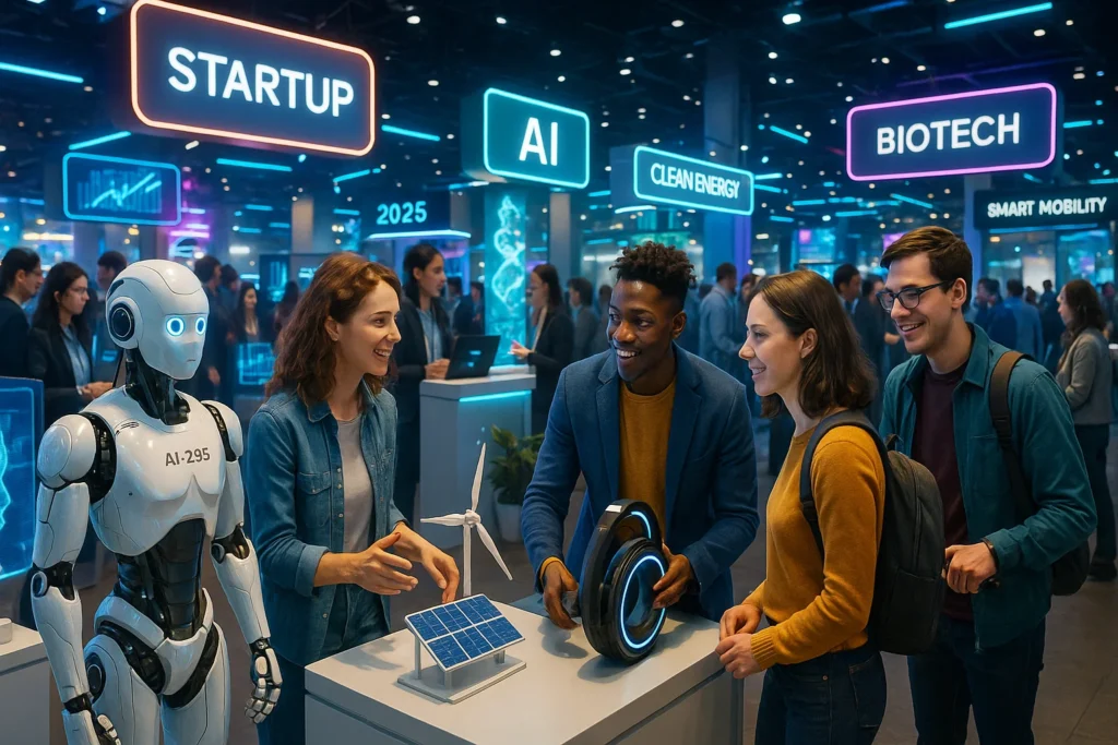 Young entrepreneurs showcasing AI robots, clean energy devices, and smart mobility innovations at a futuristic startup expo in 2025.