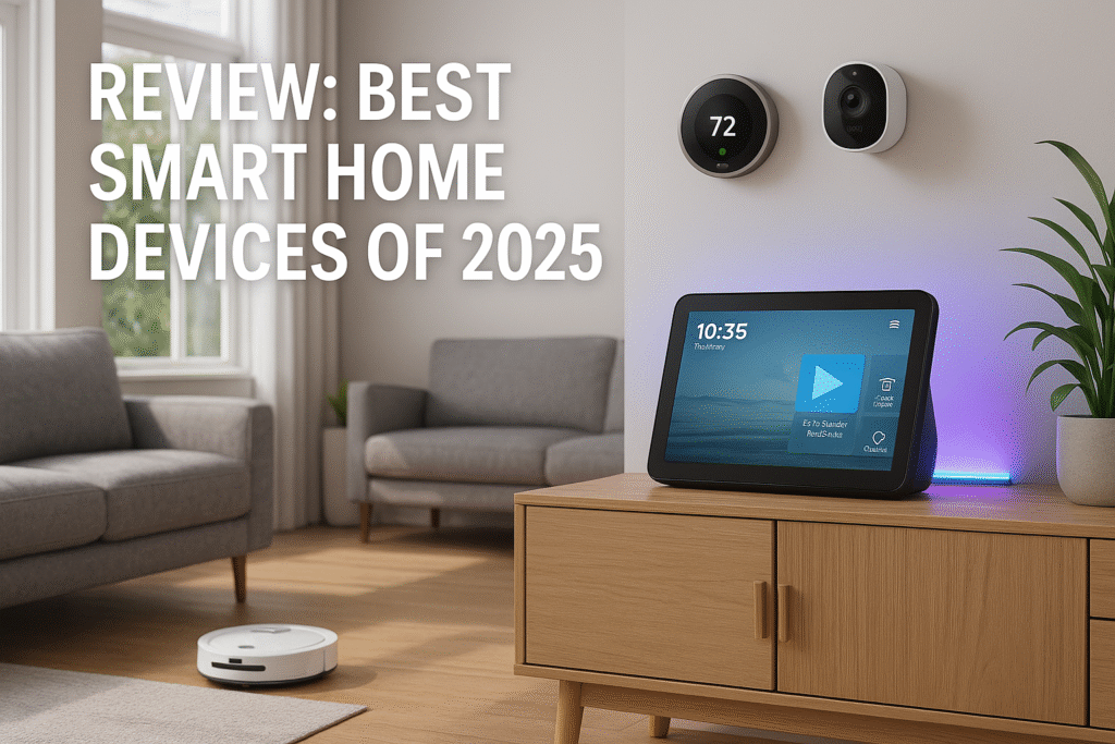Modern smart home setup in 2025 featuring Echo Show, Nest thermostat, Arlo security camera, and Roomba