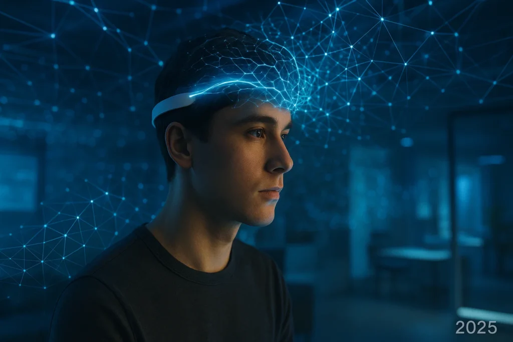 Person using a futuristic brain-computer interface device with holographic neural connections in 2025, showcasing mind-machine communication.