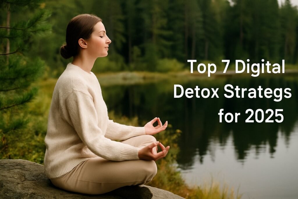 Woman meditating by a forest lake as part of digital detox strategies in 2025