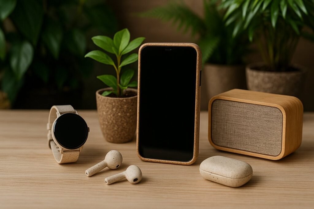 Eco-friendly smart gadgets in 2025 made from sustainable materials placed on a natural wooden table