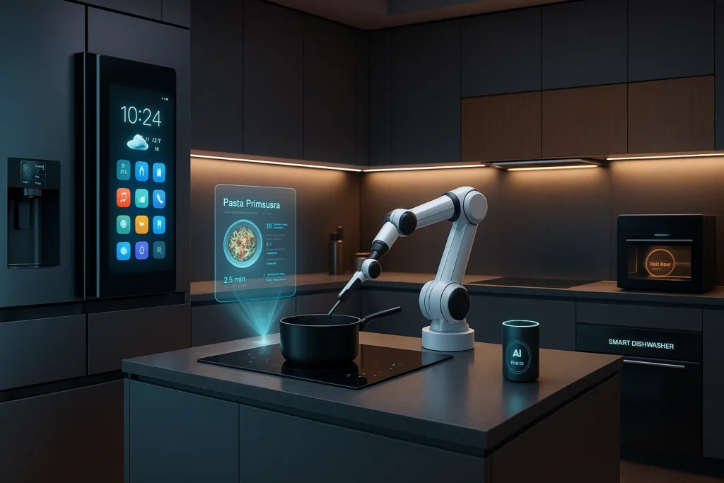 Futuristic fully automated smart kitchen in 2025 with AI-powered appliances, robotic cooking arms, holographic recipe displays, and smart energy management.