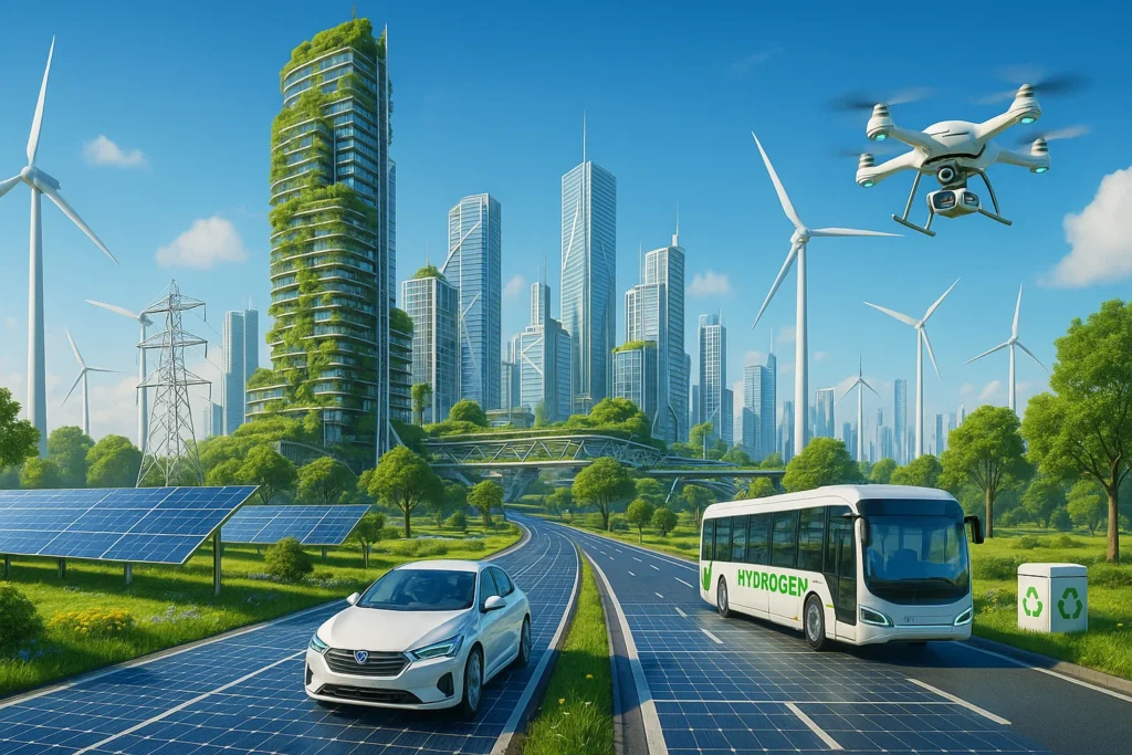 Futuristic eco-friendly city powered by green technologies in 2025, featuring solar highways, wind farms, smart grids, vertical gardens, and hydrogen-powered vehicles.