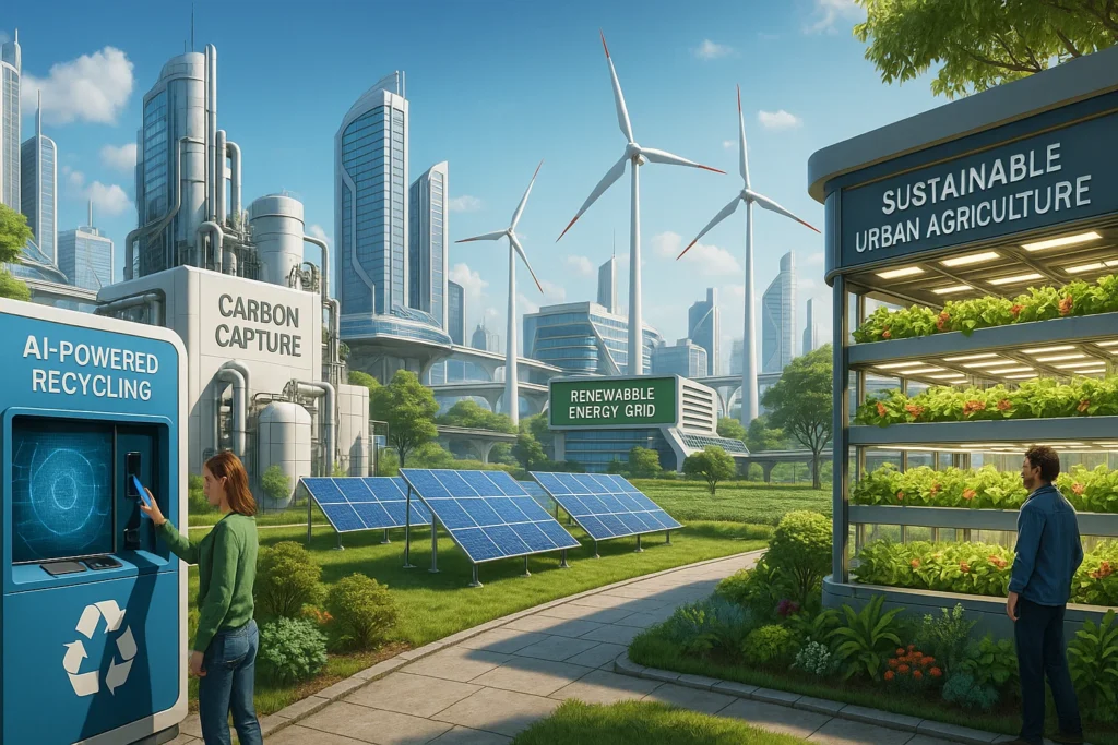Futuristic city in 2025 with ClimateTech startups featuring AI-powered recycling, carbon capture facilities, renewable energy grids, and sustainable urban agriculture.