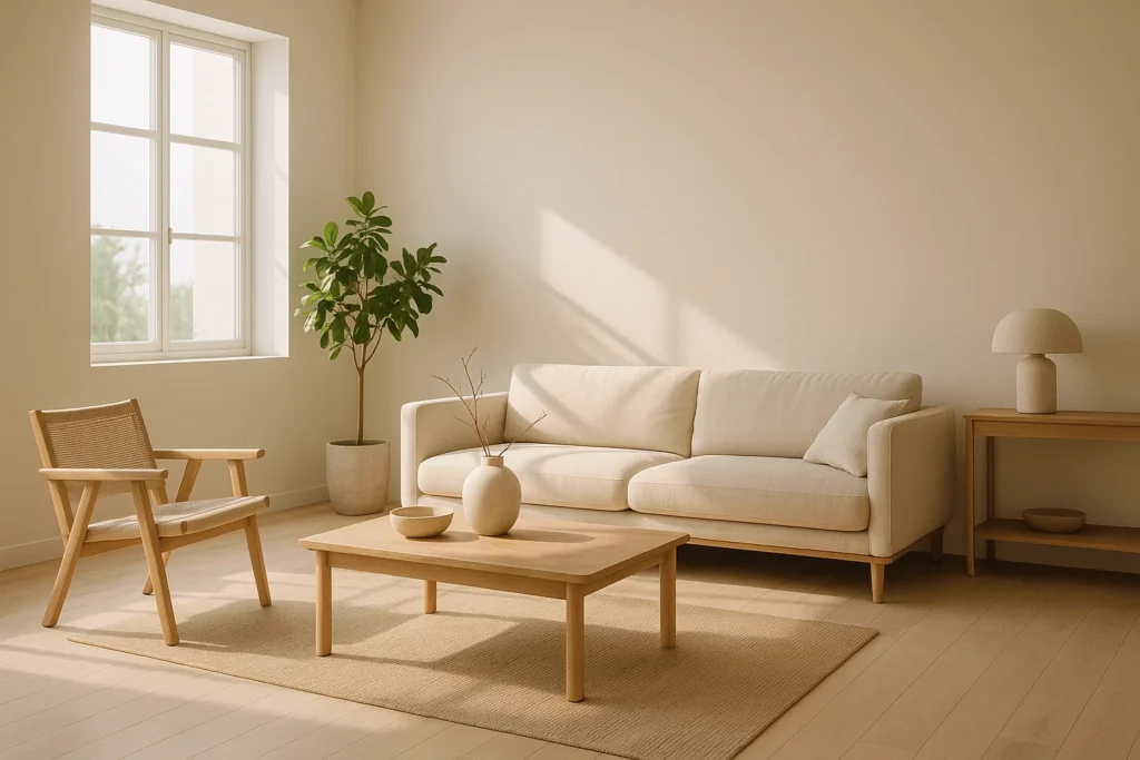 Minimalist living room featuring neutral tones, eco-friendly furniture, sunlight-filled space, promoting simple living in 2025.