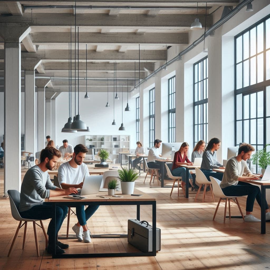 Modern open-space startup office with young professionals working on laptops in 2025