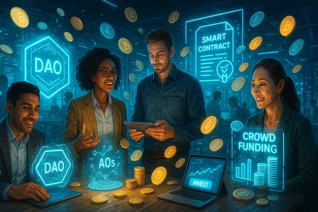 Startup founders using decentralized funding models in 2025, featuring DAO organizations, smart contracts, crypto crowdfunding, and digital investment platforms.