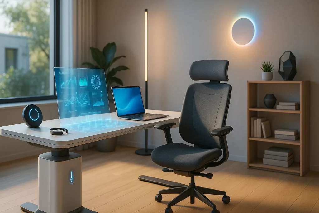 Futuristic home office setup for remote workers in 2025 featuring smart desk, holographic display, and ergonomic chair