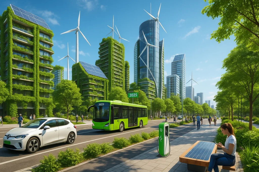 Futuristic eco-friendly city in 2025 powered by renewable energy startups, featuring solar panel buildings, wind turbines, electric vehicles, and green public spaces.