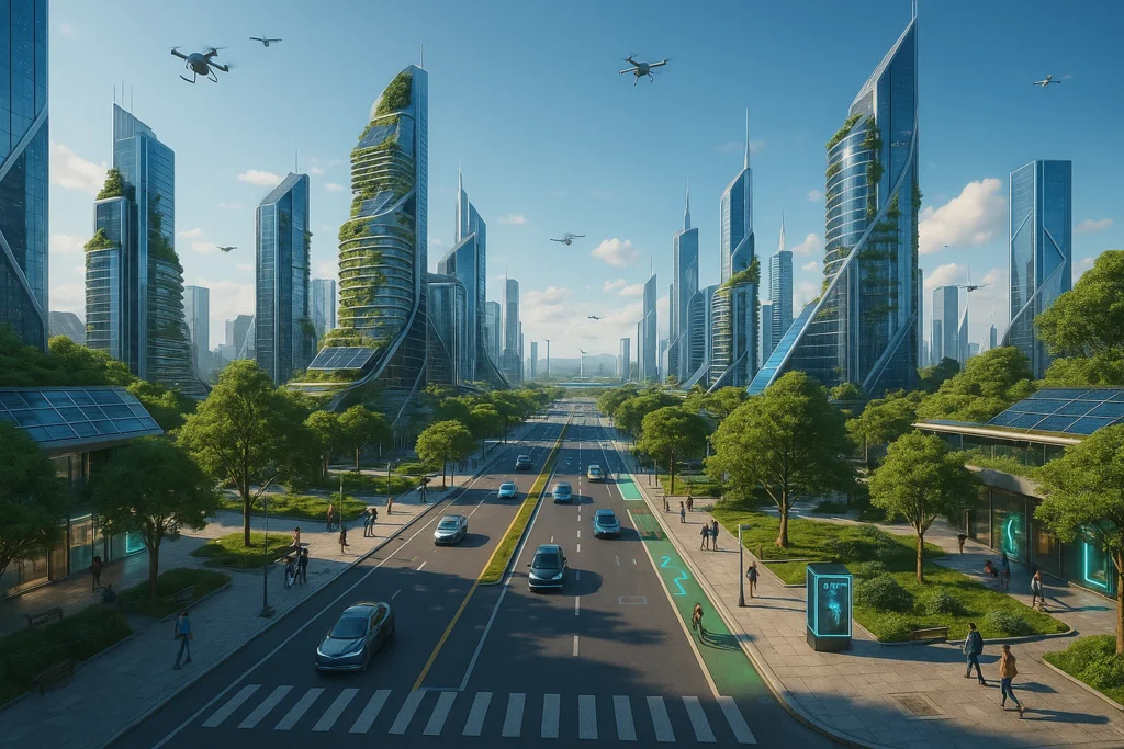 A futuristic smart cityscape with green skyscrapers, self-driving cars, and drone-filled skies symbolizing urban transformation in 2025.