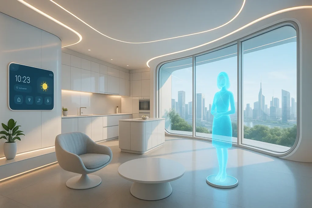 Futuristic smart home interior in 2025 with AI holographic assistant, smart lighting, and panoramic city view.