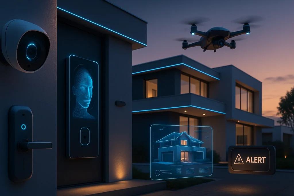 Futuristic 2025 smart home security system with AI-powered facial recognition door locks, surveillance drones, holographic home monitoring displays, and smart cameras.