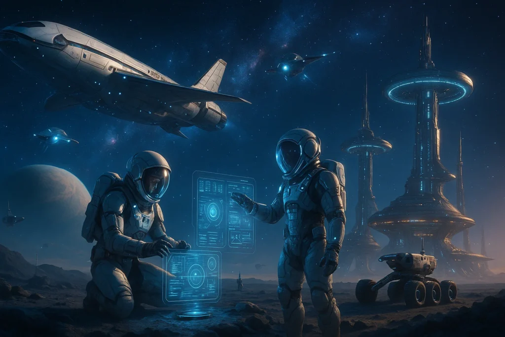 Astronauts using futuristic holographic technology during a space exploration mission in 2025, with advanced spacecraft and a cosmic cityscape in the background.