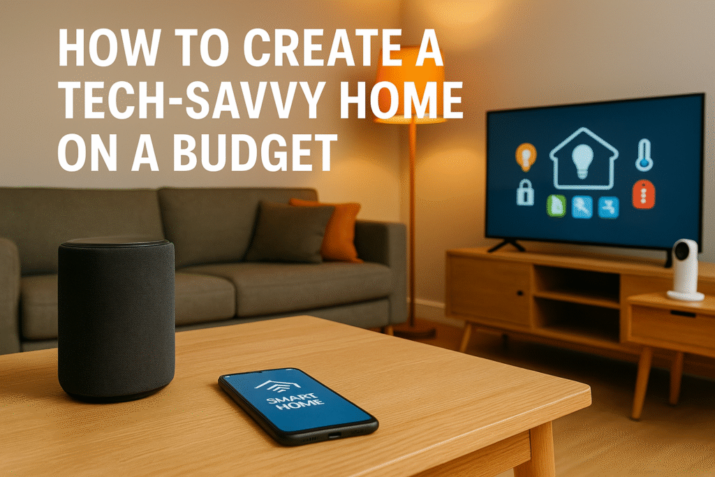 Budget-friendly smart home setup in 2025 featuring smart speaker, smartphone, and minimalist living room design