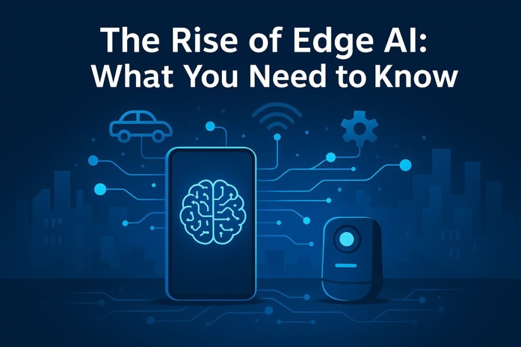 Illustration showing the rise of Edge AI technology in 2025 with real-time data processing on smart devices