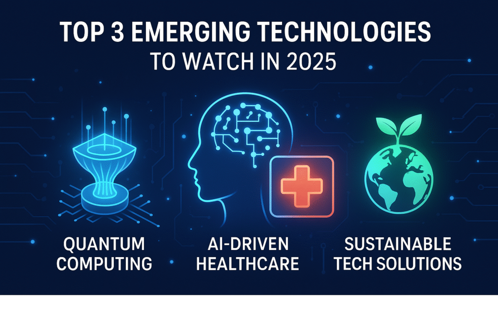 Top 3 emerging technologies for 2025 including quantum computing, AI-driven healthcare, and sustainable tech solutions