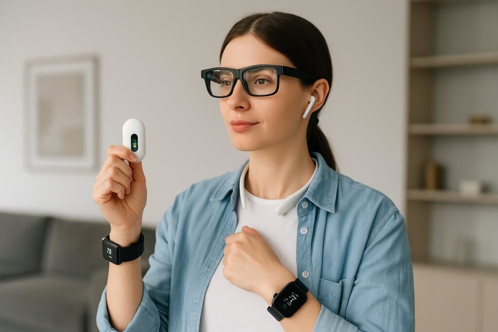 Woman using wearable AI devices like AR glasses, health monitor, and smartwatch in a modern living room 2025