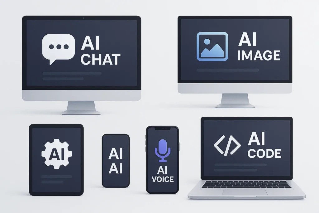 Illustration of AI tools including chat, image, voice, and code platforms - May 2025 roundup by Finyora