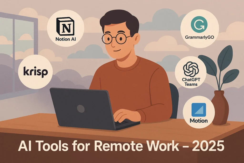 Top AI tools for remote workers including Notion AI, GrammarlyGO, Motion, Krisp, and ChatGPT Teams in 2025