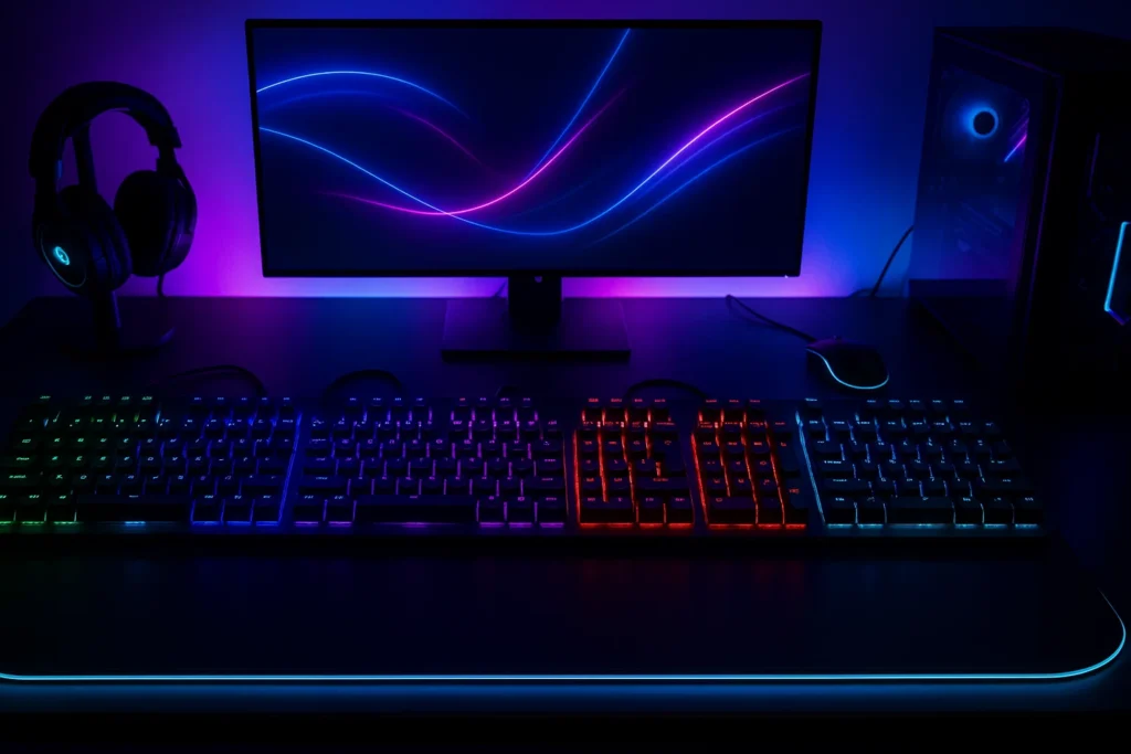 Mechanical and silent gaming keyboards compared on a neon-lit gamer desk