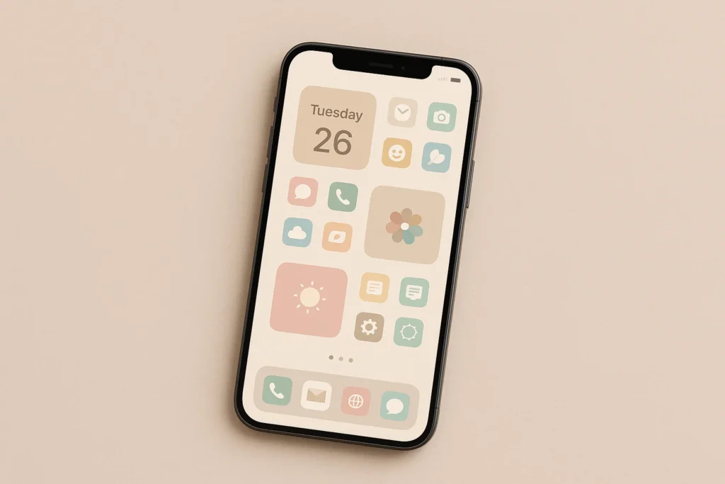 Minimalist iPhone home screen with pastel app icons on a beige background, showcasing Gen Z’s clean phone aesthetic trend