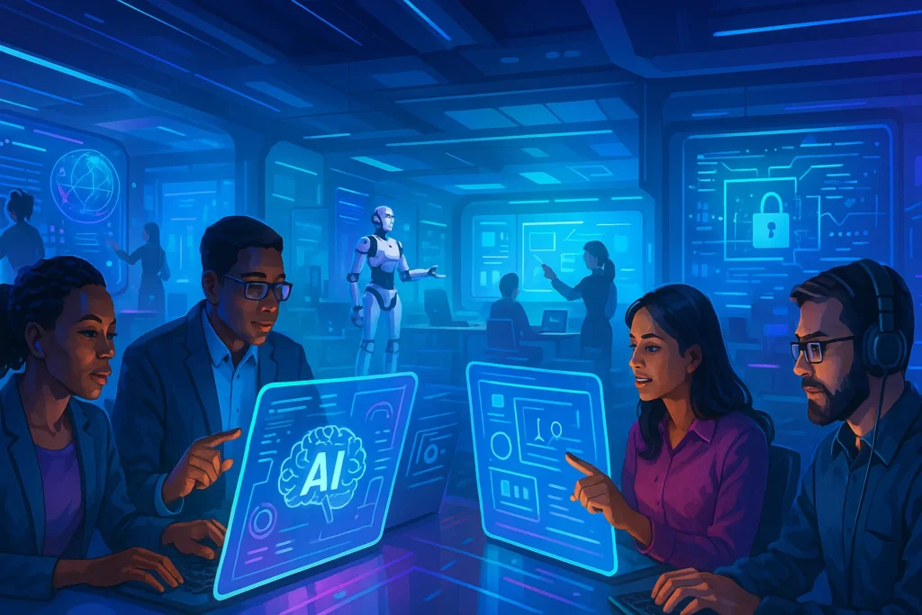 Professionals working in AI, cybersecurity, virtual education, and robotics in a future tech office