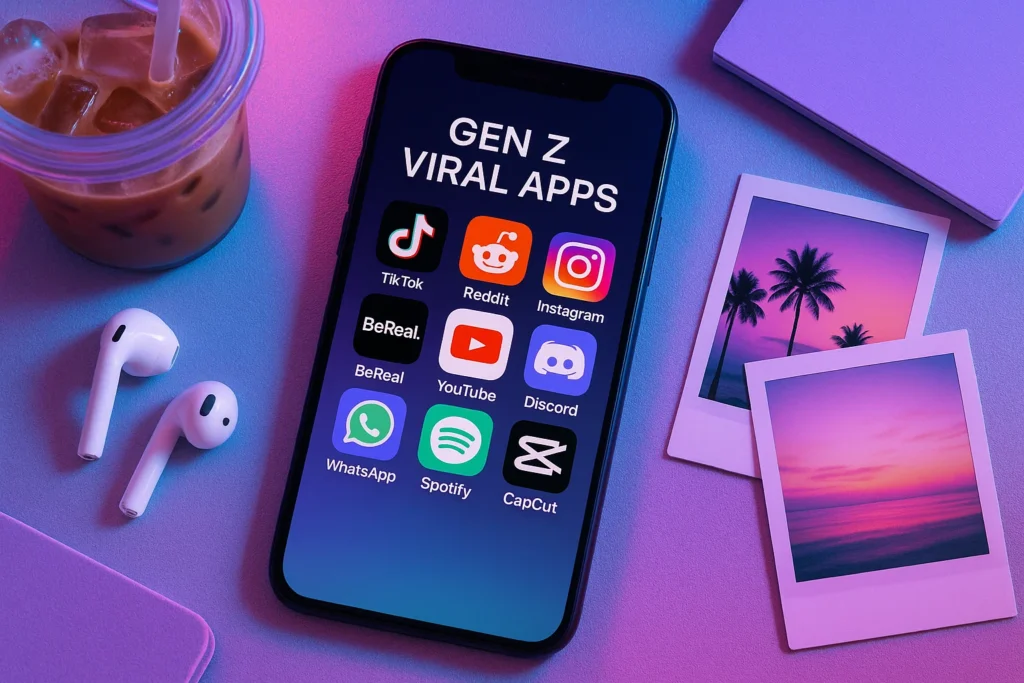 Colorful neon icons representing hidden mobile apps Gen Z uses in 2025, including journal, camera, calendar, chat, music and productivity tools on a gradient background