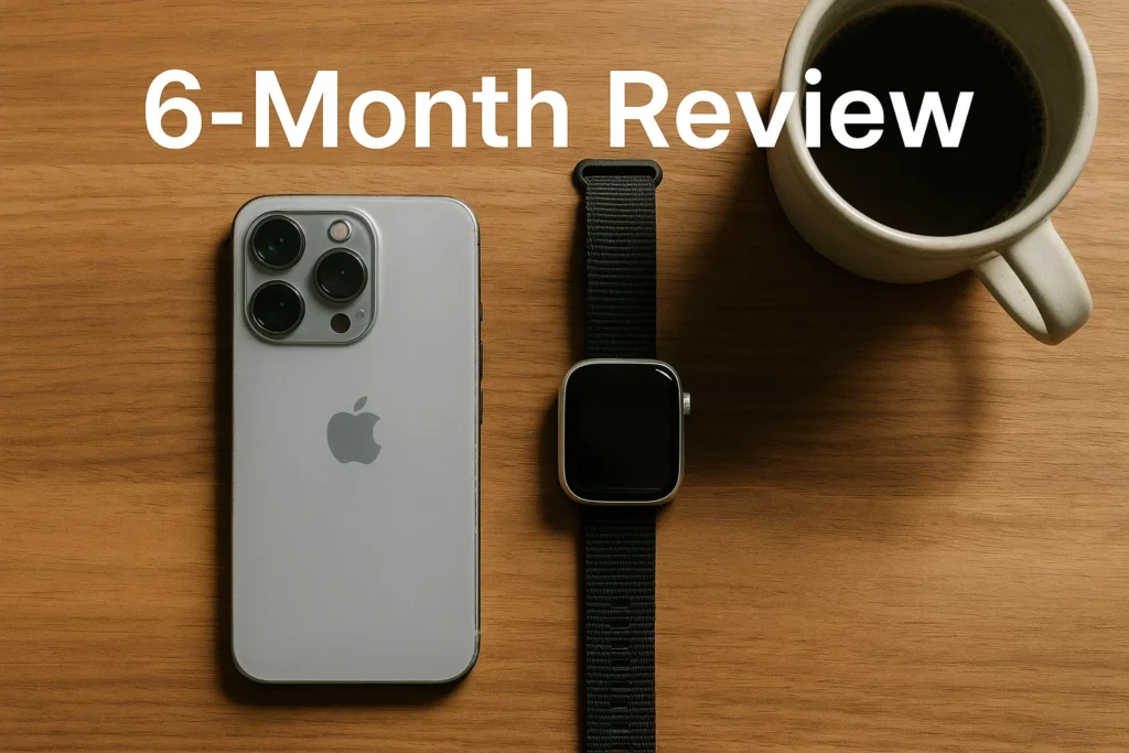 iPhone 15 Pro after 6 months of use with visible wear on a wooden desk