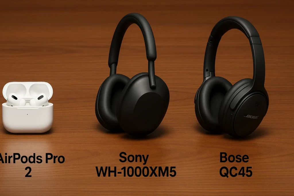 AirPods Pro 2, Sony WH-1000XM5 and Bose QC45 side-by-side on wooden table
