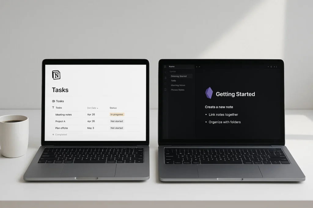 Notion and Obsidian apps side by side on a modern productivity workspace