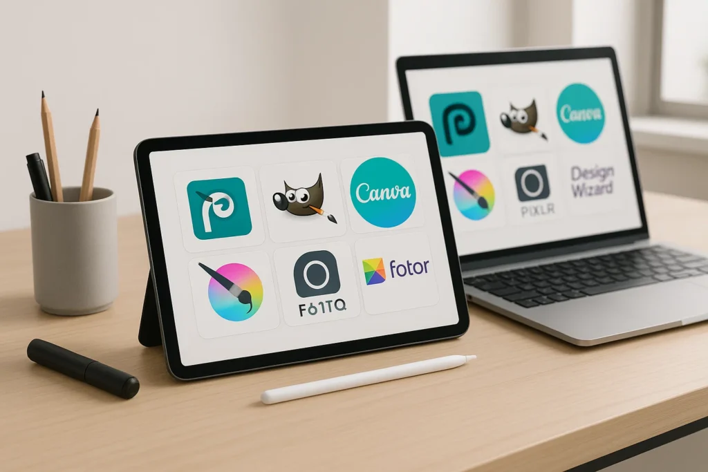 Free Photoshop alternative design apps shown on a digital designer’s workspace