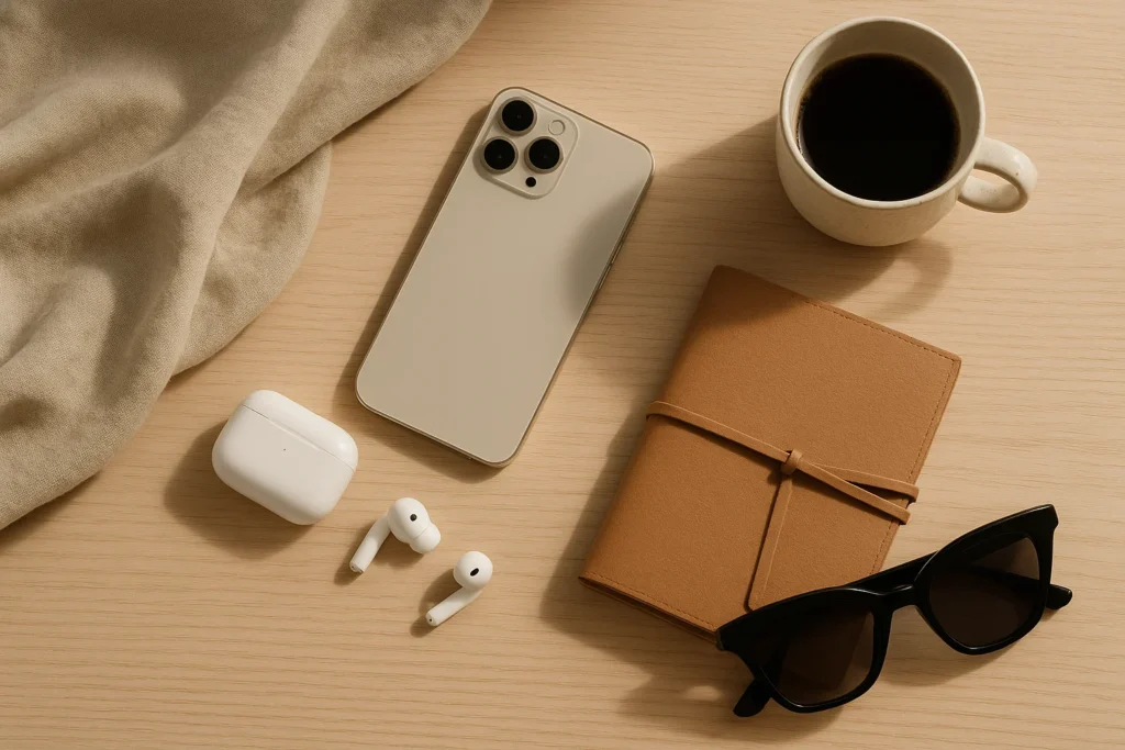 Aesthetic flat lay of quiet luxury items including a linen-bound notebook, wireless earbuds, neutral smartphone, and ceramic mug representing digital minimalism in 2025