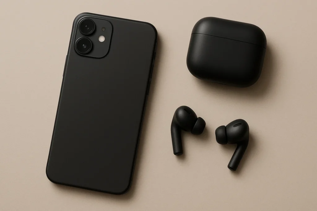 A minimalist black smartphone and wireless earbuds on a neutral background, showcasing quiet luxury tech style.