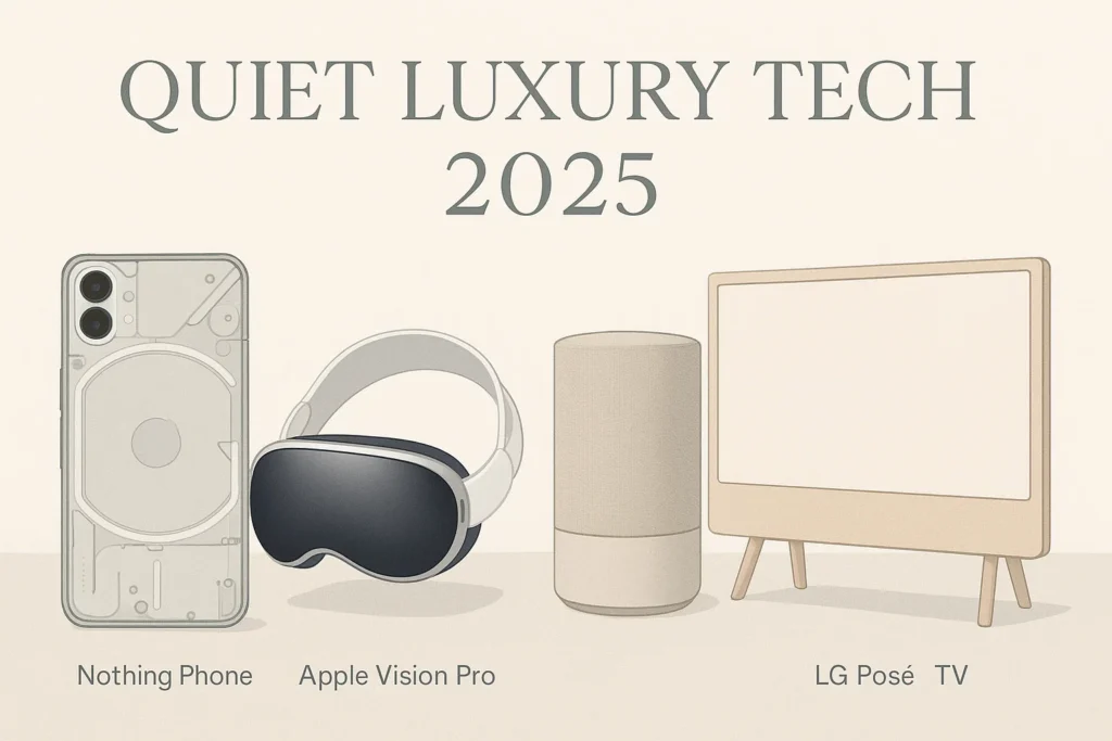 Minimalist luxury technology products of 2025 like Nothing Phone and Vision Pro