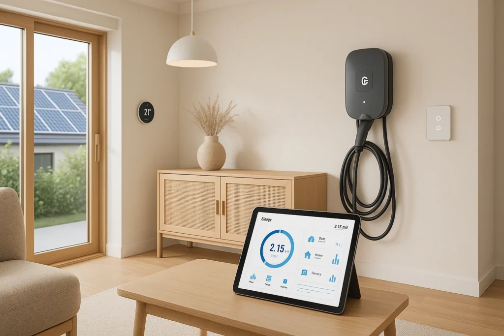 Smart sustainable home with green technologies like solar panels, EV charger, and smart thermostats