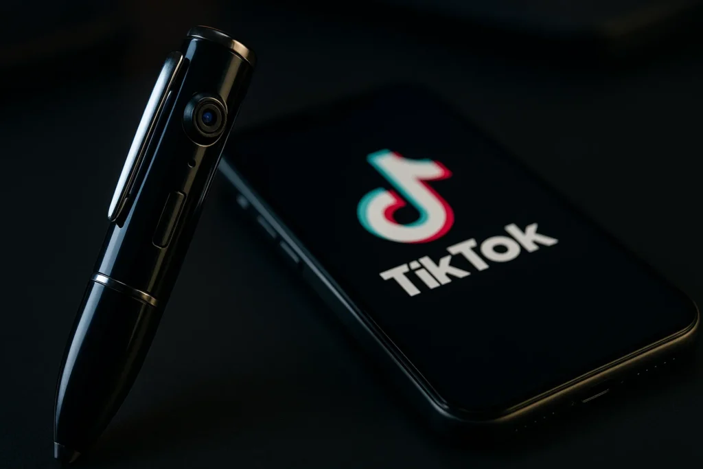 Close-up of a black spy camera pen next to a smartphone displaying TikTok, representing viral surveillance gadget trend.