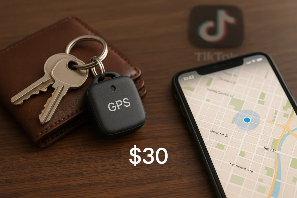 Mini GPS tracker on keychain, tracked by phone app, viral on TikTok