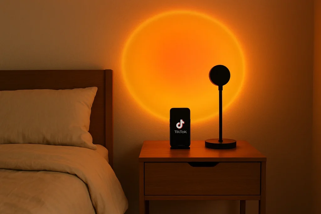Viral TikTok sunset lamp creating aesthetic lighting in a cozy bedroom