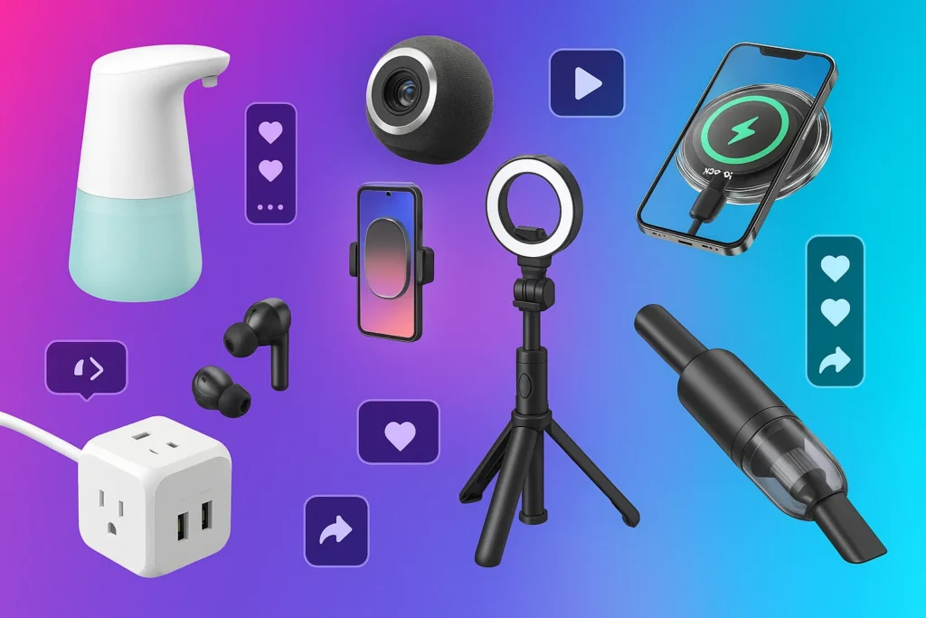 Viral TikTok tech gadgets in 2025 including mini tripod, wireless charger, earbuds, and smart accessories on gradient background – Finyora