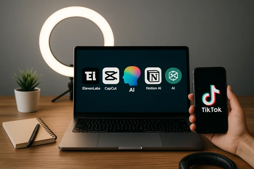TikTok creator laptop showing 5 trending AI tools used in viral videos